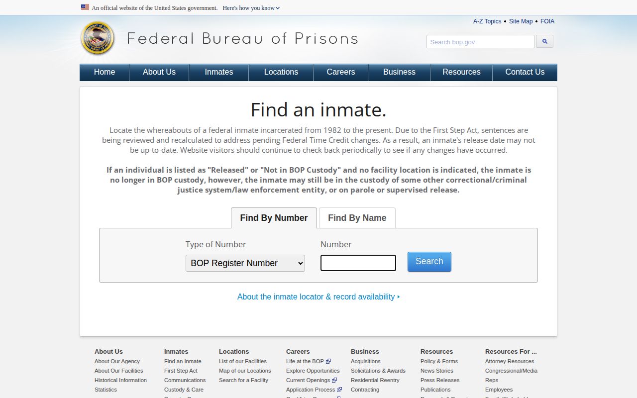BOP Inmate Locator for a federal release connected to Massachusetts