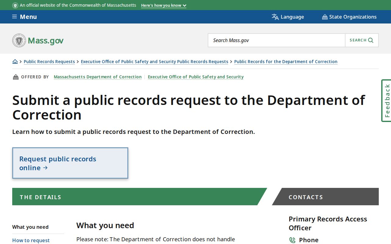 Massachusetts DOC public records request route for a release or discharge record