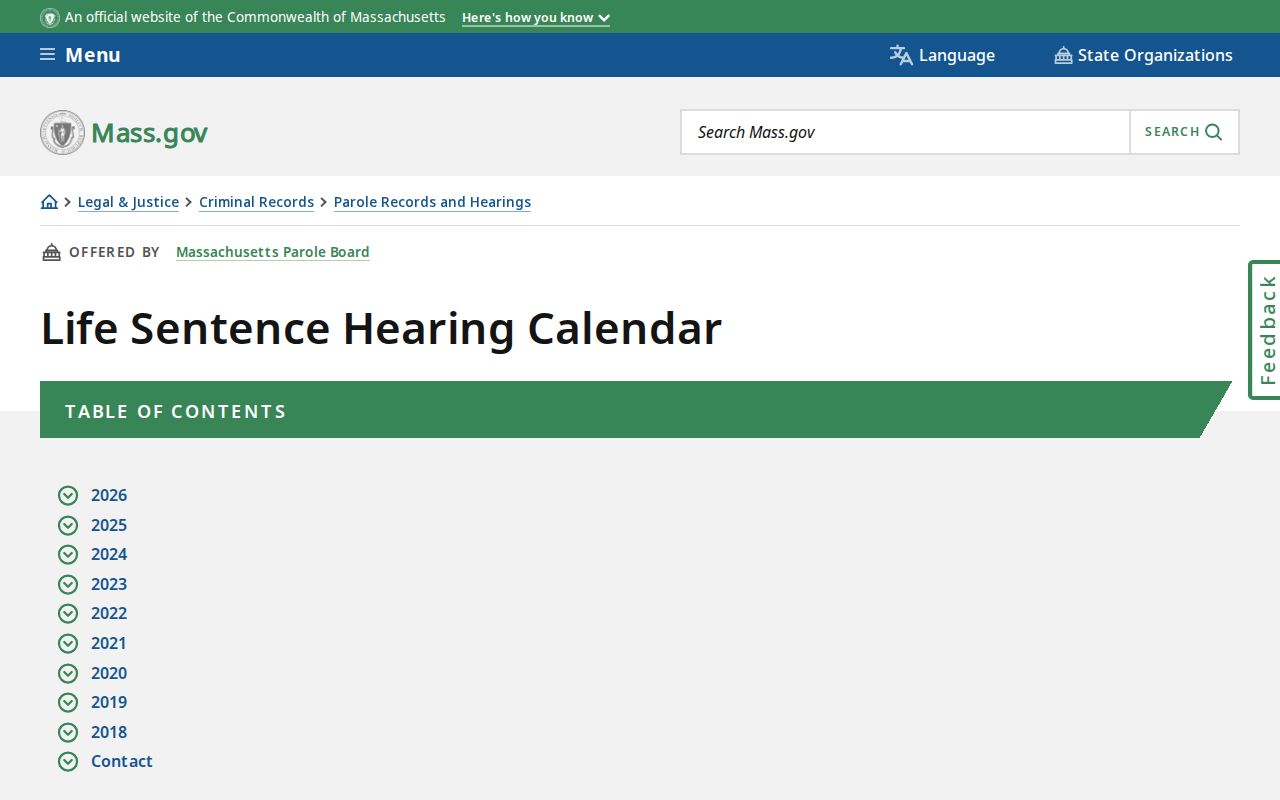 Massachusetts life-sentence parole hearing calendar index