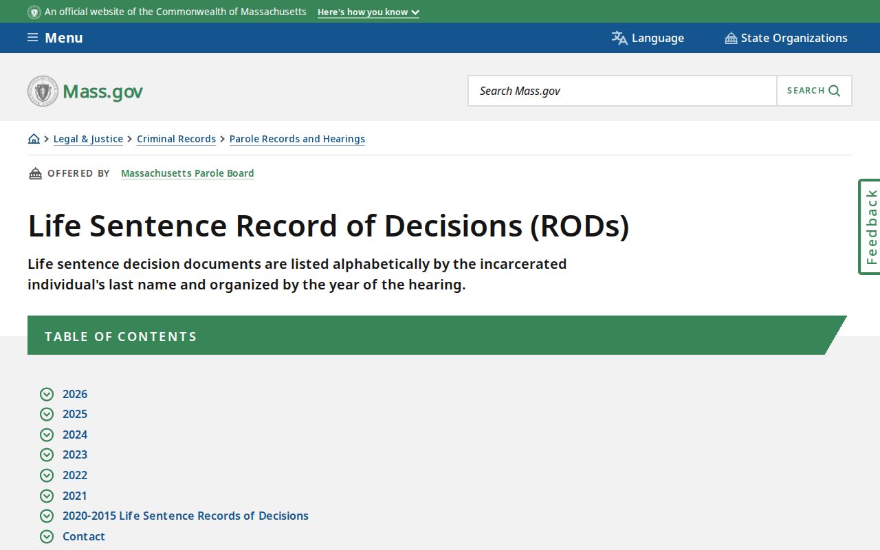 Massachusetts Parole Board life-sentence Records of Decision collection