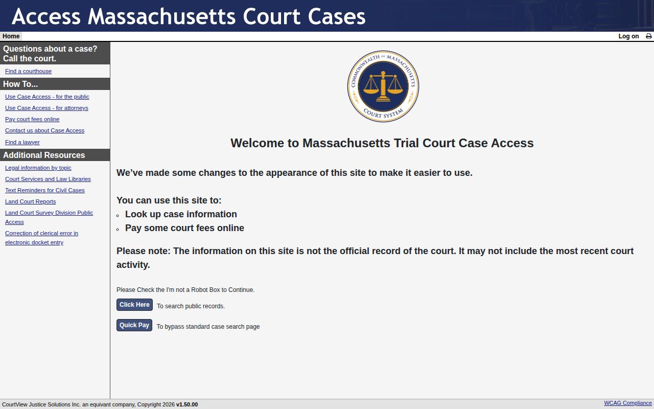MassCourts portal for checking a Massachusetts court disposition after release