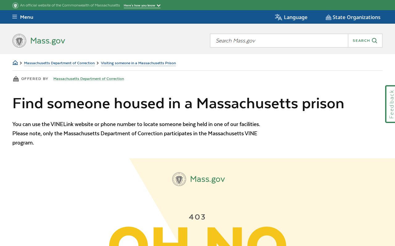 Official Massachusetts housed-person locator instructions for checking MA DOC custody