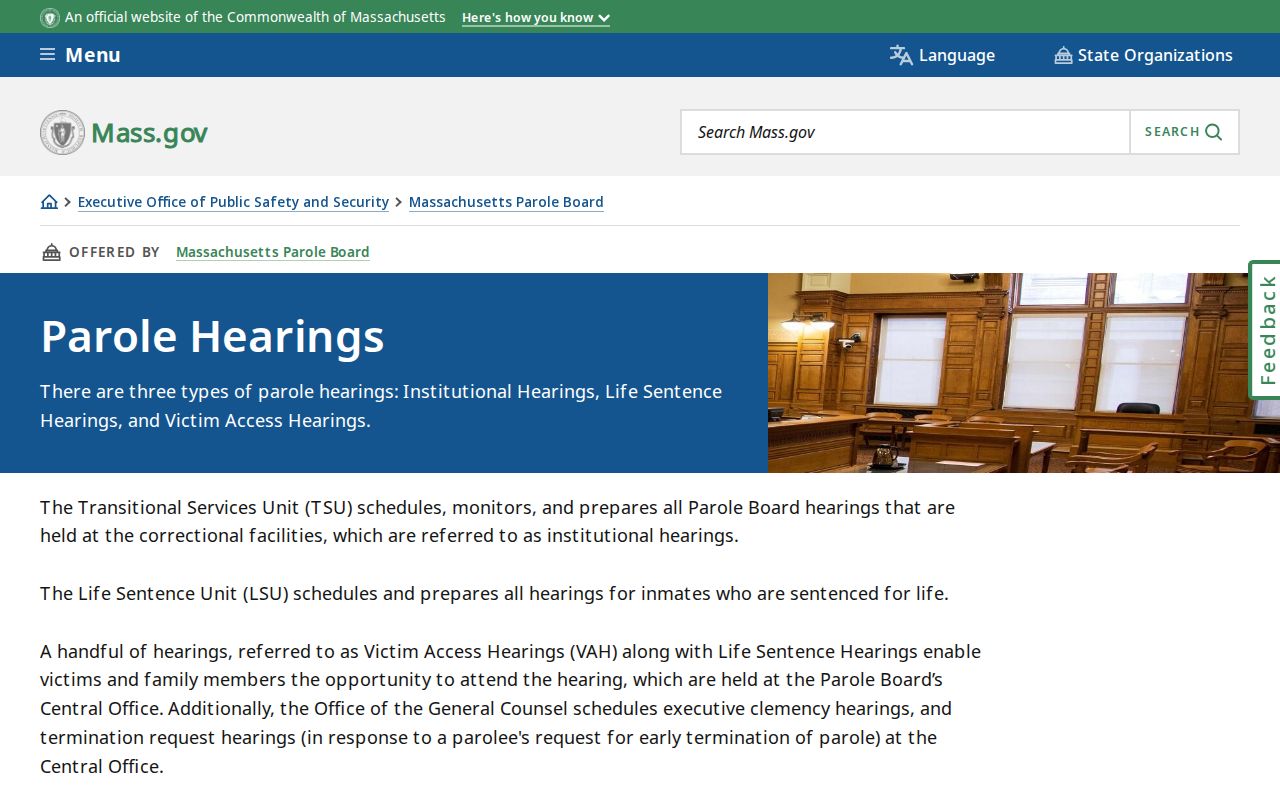 Massachusetts parole and probation hearing routes on the Parole Board website